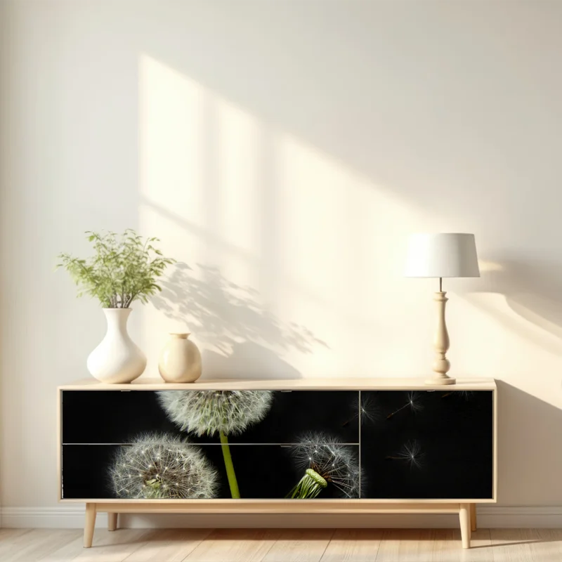 Repositionierbarer Aufkleber zarte löwenzahnköpfe vor schwarzem hintergrund Repositionierbarer Aufkleber zarte löwenzahnköpfe vor schwarzem hintergrund