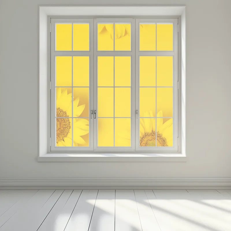 Fensteraufkleber drei sonnenblumen auf gelbem hintergrund