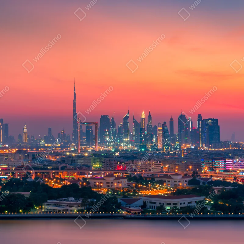 Repositionierbarer Aufkleber Dubai skyline bei sonnenuntergang Repositionierbarer Aufkleber Dubai skyline bei sonnenuntergang