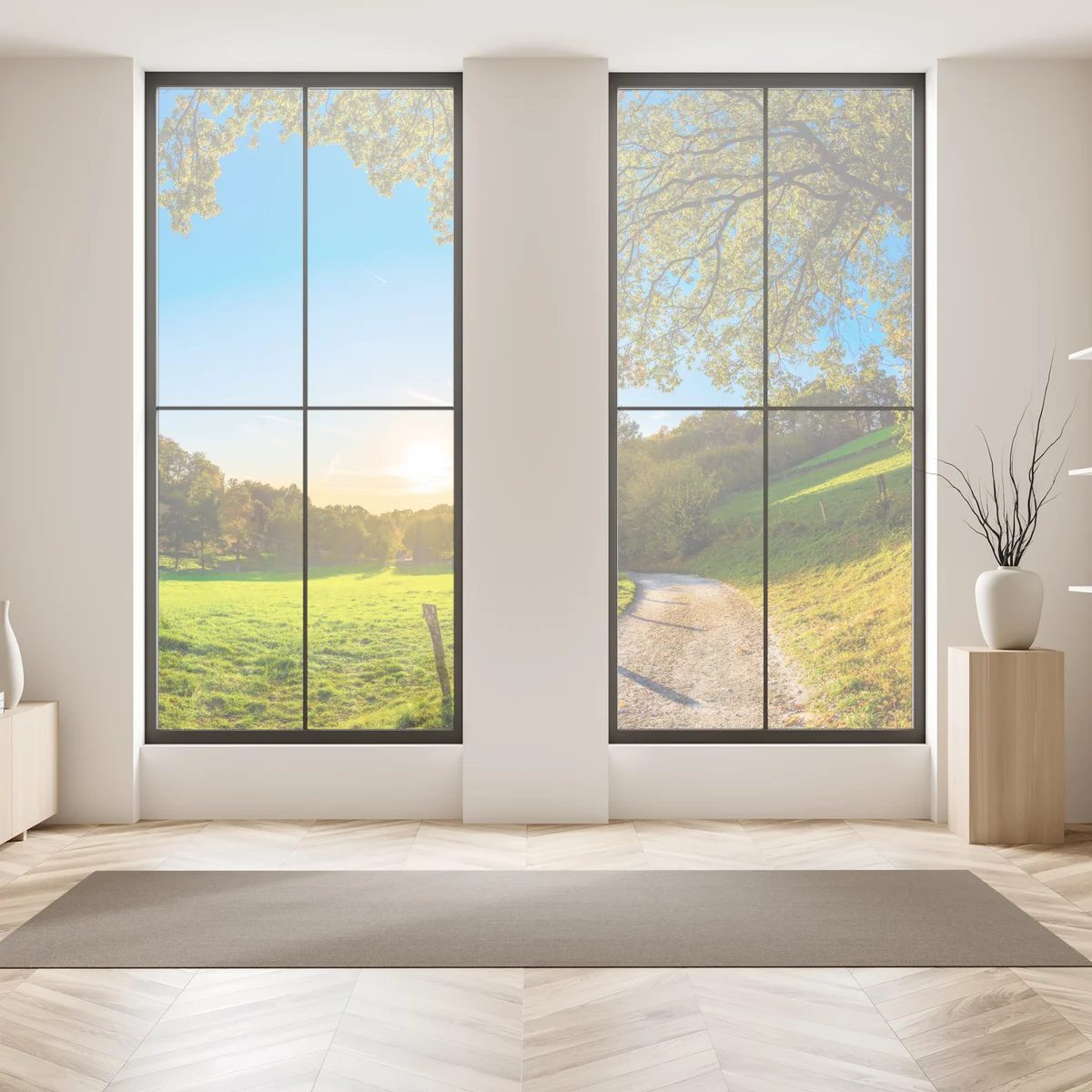 Fensteraufkleber sonnenbeschienene wiese mit landweg bei sonnenuntergang Fensteraufkleber sonnenbeschienene wiese mit landweg bei sonnenuntergang