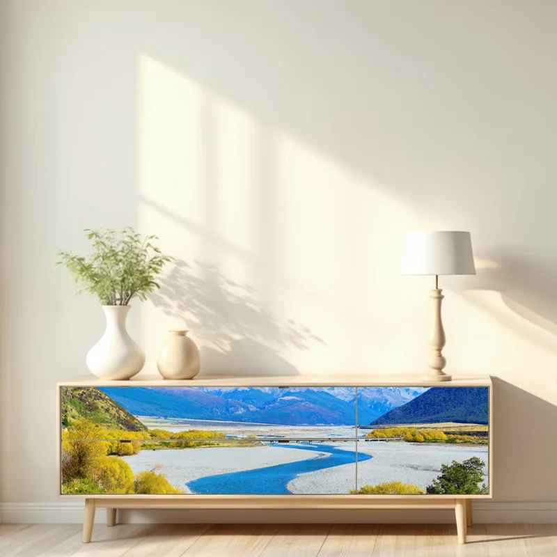 Repositionierbarer Aufkleber herbstliche flussbiegung im Arthur's Pass National Park, South Island, New Zealand