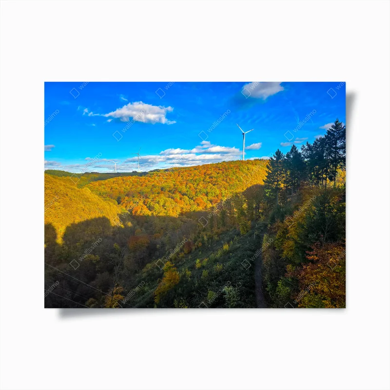 Poster Eine Weitwinkelaufnahme aus einem hohen Aussichtspunkt, die ein tiefes bewaldetes Tal oder eine Schlucht an einem strahlenden Herbsttag zeigt. Der Vordergrund und die rechte Seite des Rahmens werden von einem steilen Hang dominiert, der vollständig mit Bäumen bedeckt ist. • Poster bei Wallnifity® Poster Eine Weitwinkelaufnahme aus einem hohen Aussichtspunkt, die ein tiefes bewaldetes Tal oder eine Schlucht an einem strahlenden Herbsttag zeigt. Der Vordergrund und die rechte Seite des Rahmens werden von einem steilen Hang dominiert, der vollständig mit Bäumen bedeckt ist. • Poster bei Wallnifity®