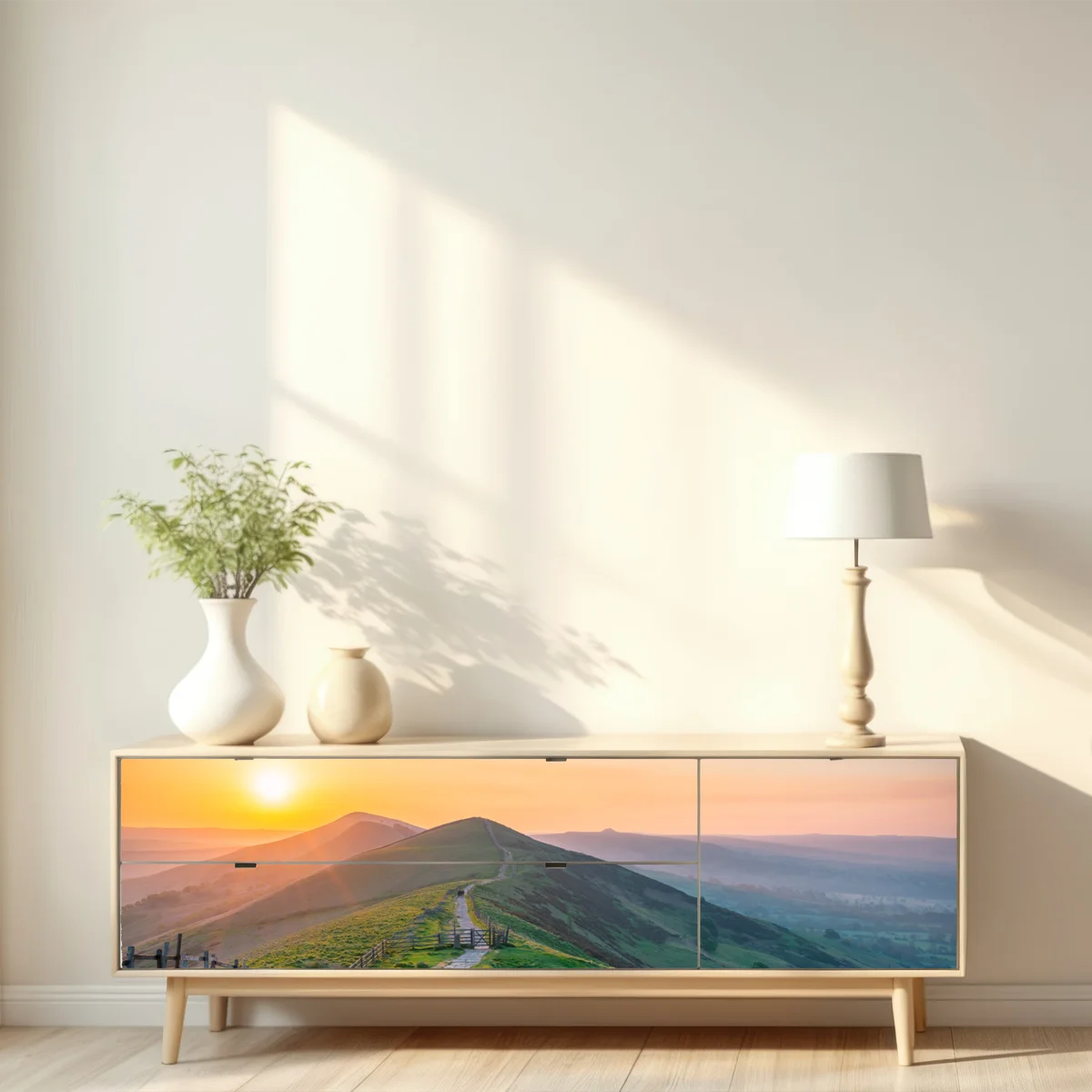 Repositionierbarer Aufkleber sonnenaufgang über grünen hügeln mit steinweg Repositionierbarer Aufkleber sonnenaufgang über grünen hügeln mit steinweg