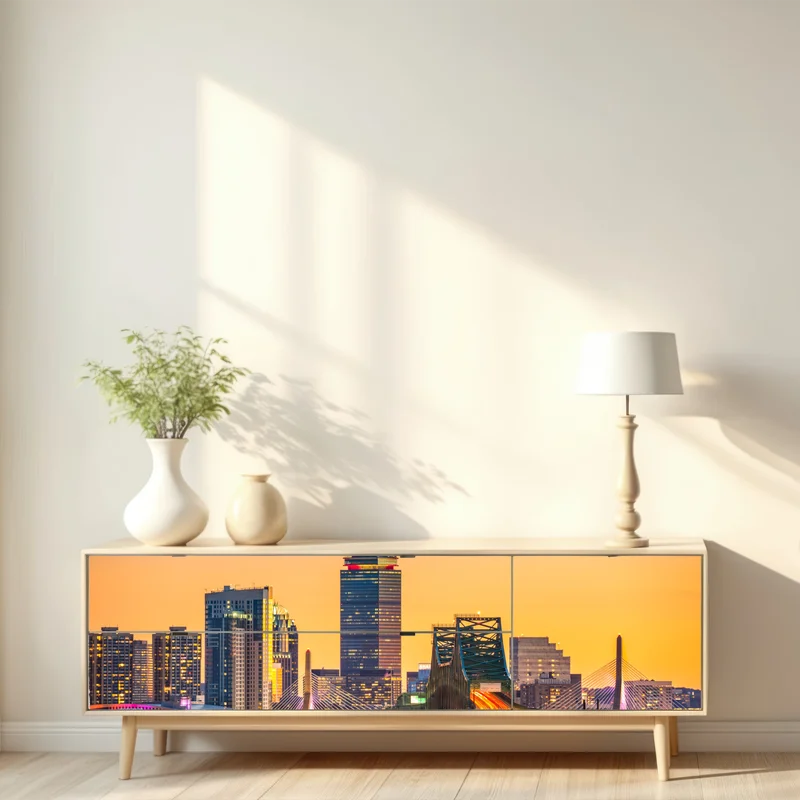 Repositionierbarer Aufkleber panorama von Boston bei sonnenuntergang mit Zakim und Tobin brücken