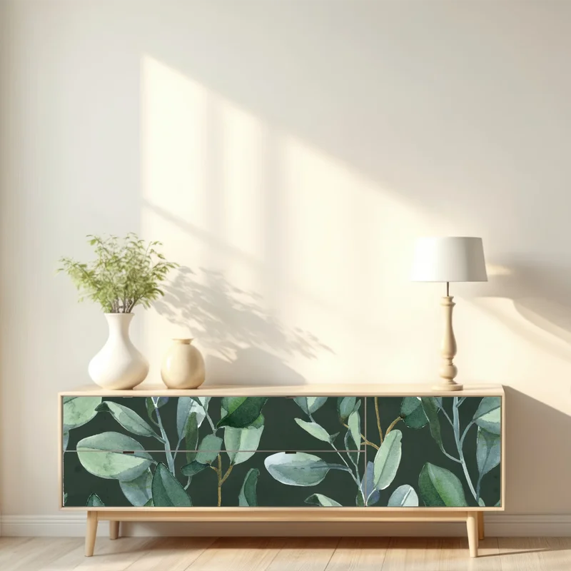 Repositionierbarer Aufkleber aquarell eukalyptusblätter muster auf dunkelgrünem hintergrund