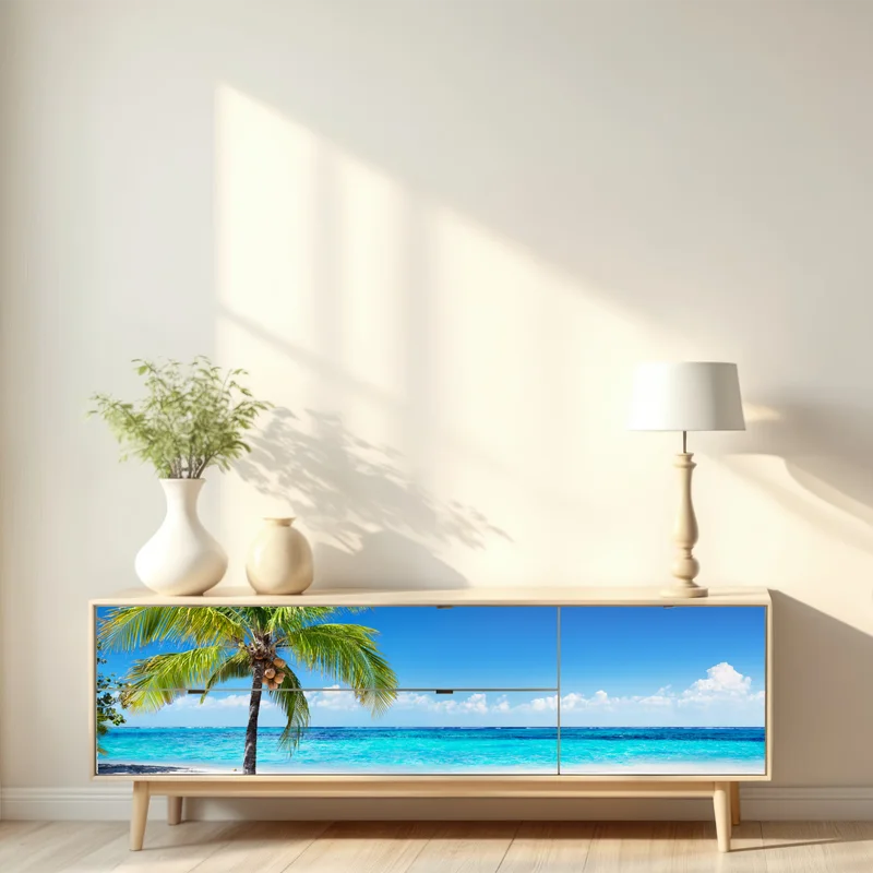 Repositionierbarer Aufkleber tropische palme an einer türkisfarbenen bucht