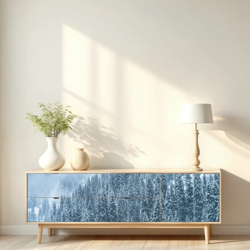 Repositionierbarer Aufkleber nebeliger schneebedeckter kiefernwald Repositionierbarer Aufkleber nebeliger schneebedeckter kiefernwald