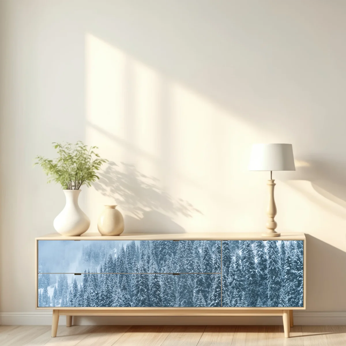 Repositionierbarer Aufkleber nebeliger schneebedeckter kiefernwald Repositionierbarer Aufkleber nebeliger schneebedeckter kiefernwald