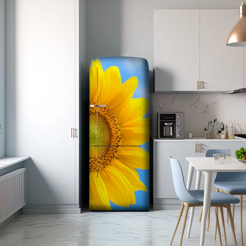 Kühlschrankaufkleber leuchtende sonnenblume vor blauem himmel
