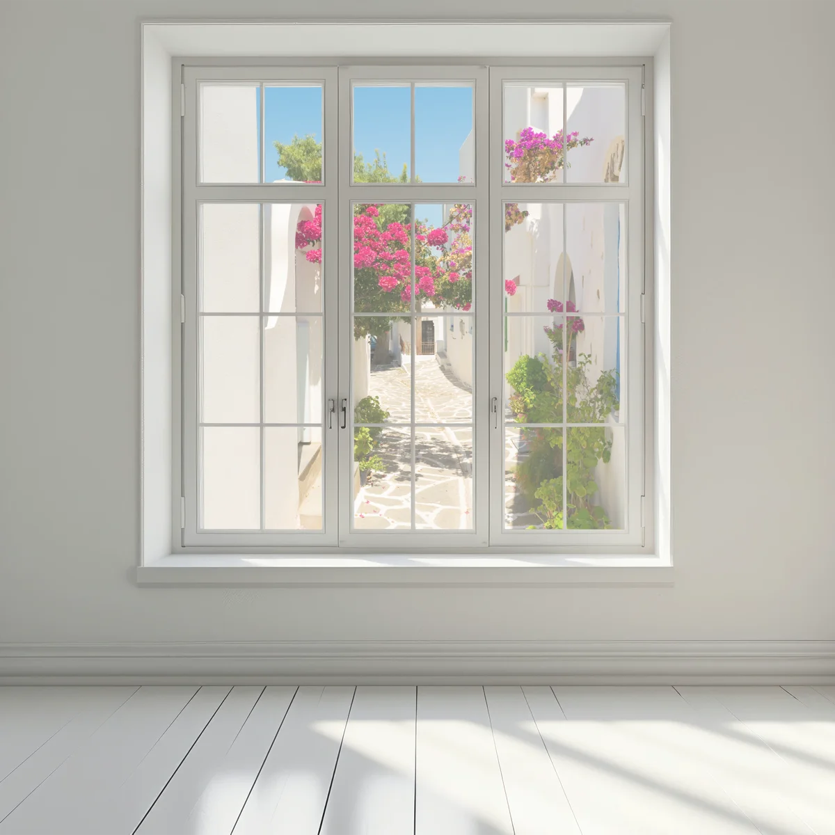 Fensteraufkleber sonnige mediterrane gasse mit bougainvillea Fensteraufkleber sonnige mediterrane gasse mit bougainvillea