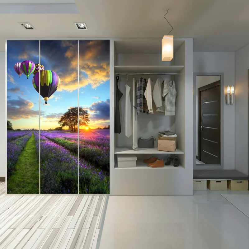 Schrankaufkleber lavendersonnenuntergang mit bunten heißluftballons Schrankaufkleber lavendersonnenuntergang mit bunten heißluftballons