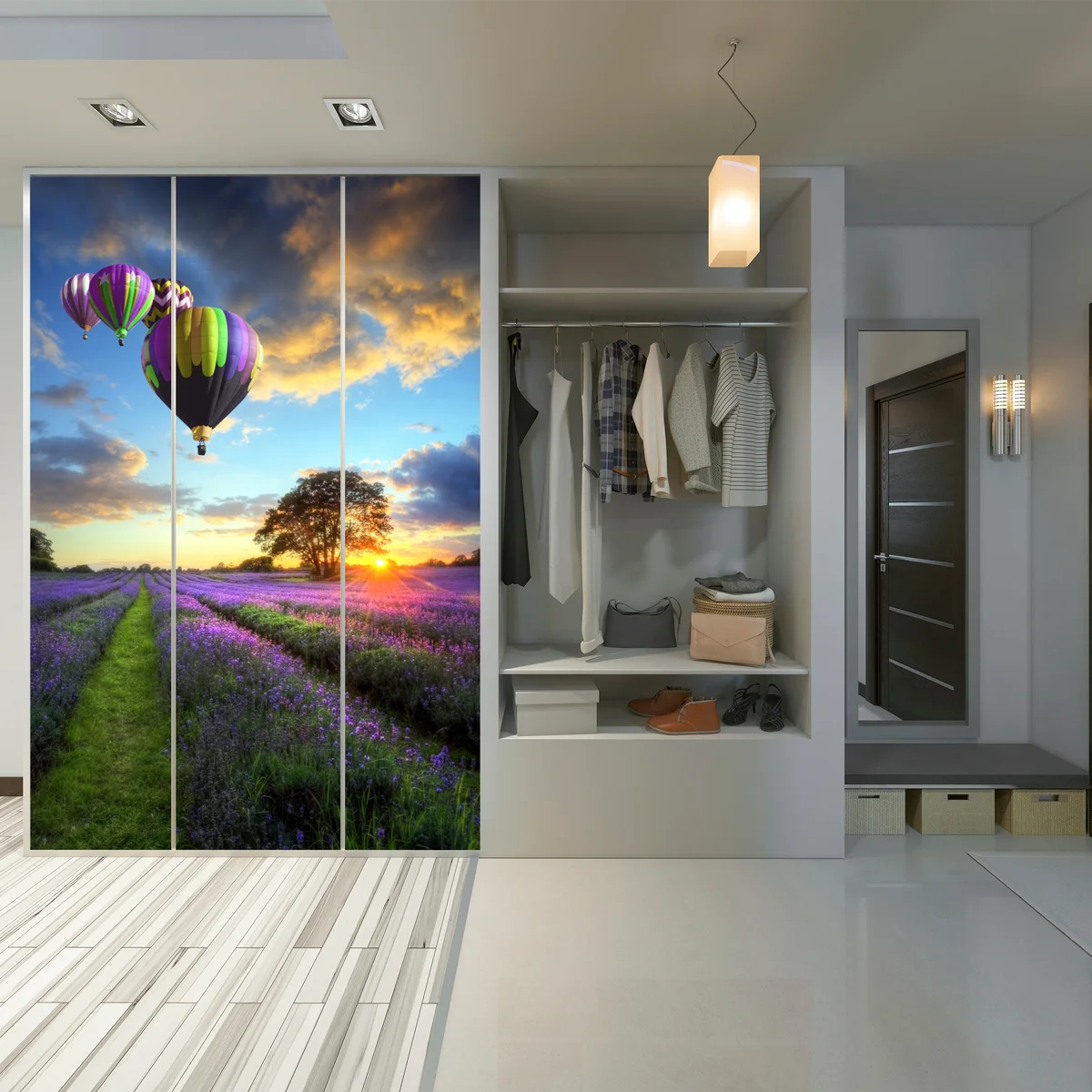 Schrankaufkleber lavendersonnenuntergang mit bunten heißluftballons Schrankaufkleber lavendersonnenuntergang mit bunten heißluftballons