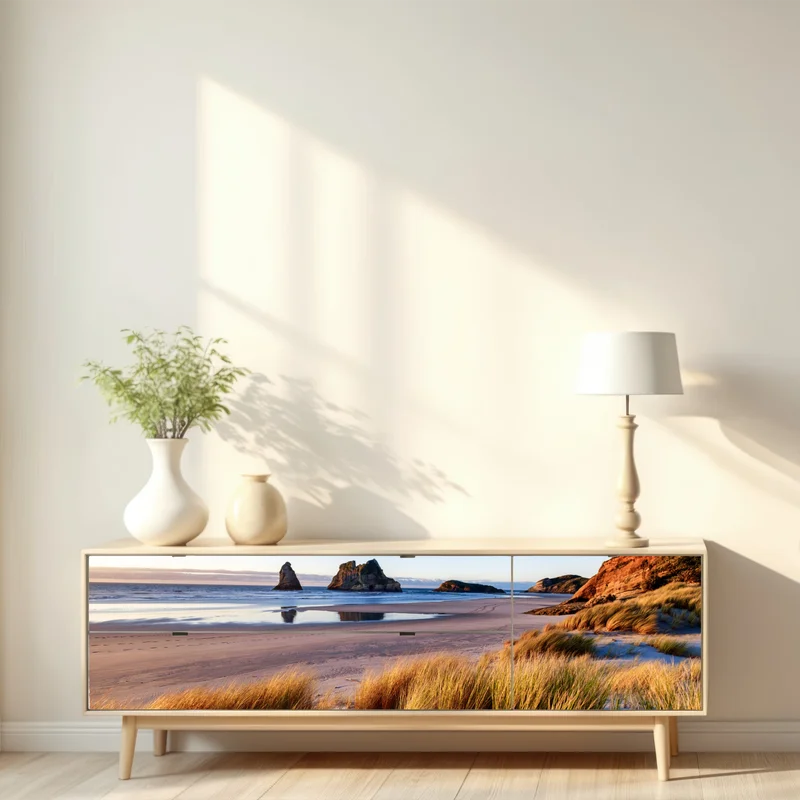 Repositionierbarer Aufkleber Wharariki Beach friedliche küstenlandschaft im morgenlicht Repositionierbarer Aufkleber Wharariki Beach friedliche küstenlandschaft im morgenlicht