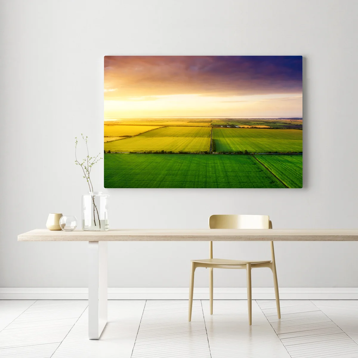 Leinwandbild sonnenuntergang über grünen feldern Leinwandbild sonnenuntergang über grünen feldern