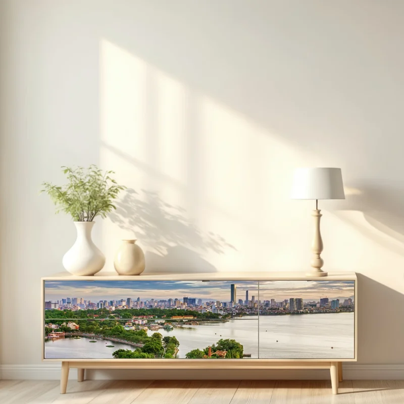 Repositionierbarer Aufkleber ruhige städtische panorama am see Repositionierbarer Aufkleber ruhige städtische panorama am see