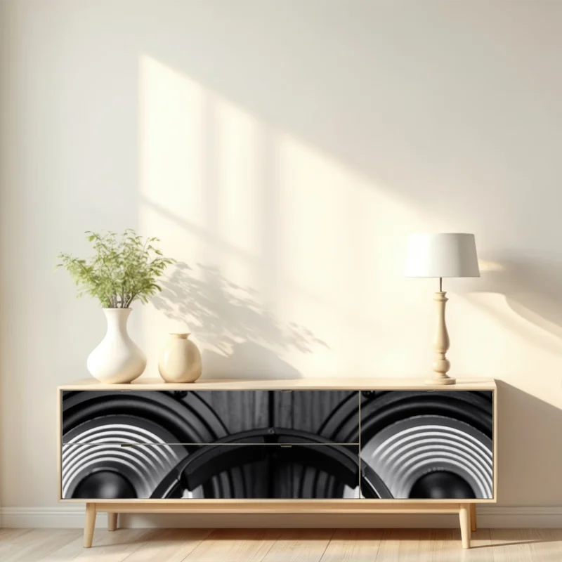 Repositionierbarer Aufkleber monochromes audio-ensemble mit kopfhörern und lautsprechern