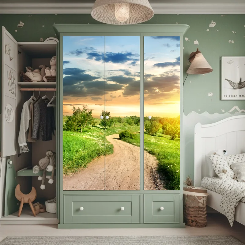 Schrankaufkleber sonnenuntergang über einem feldweg durch grüne wiese