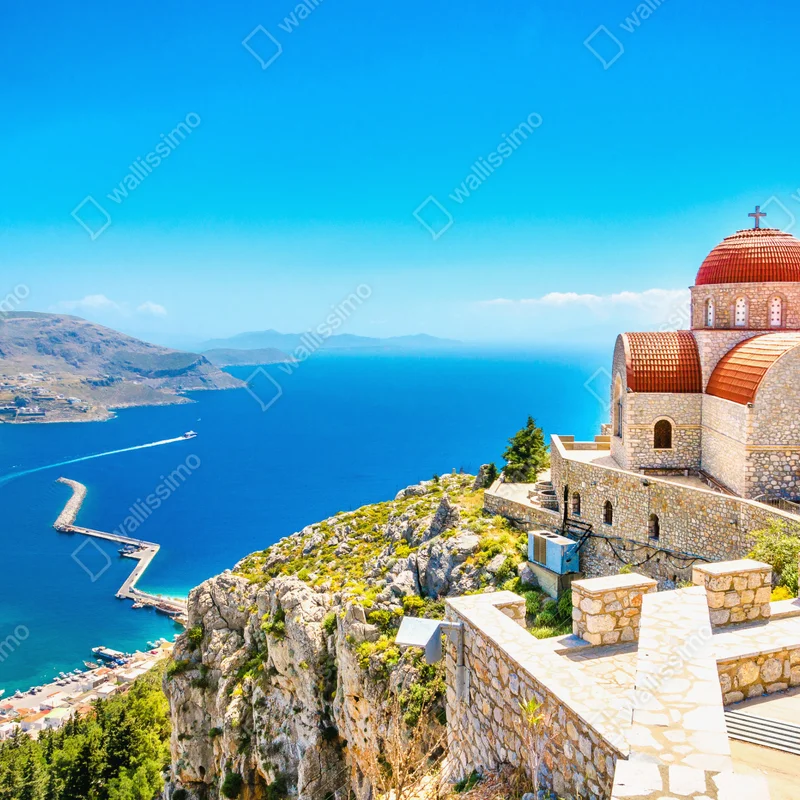 Leinwandbild griechische kirche auf klippe über dem meer Leinwandbild griechische kirche auf klippe über dem meer