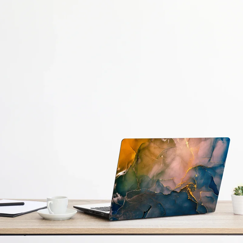 Laptop-Aufkleber blaues und goldenes abstraktes marmormotiv