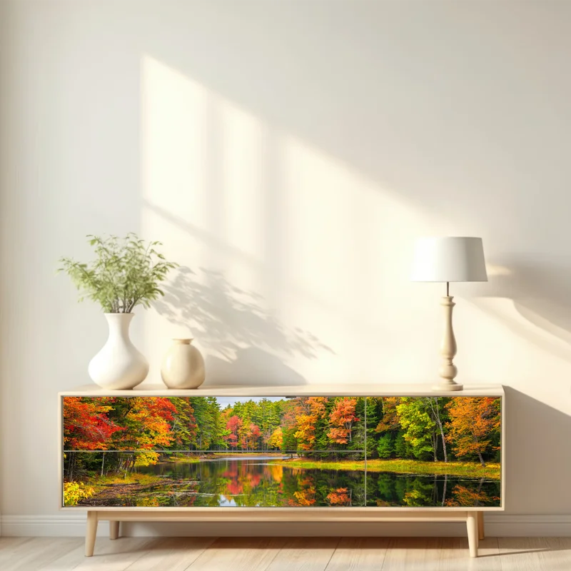 Repositionierbarer Aufkleber herbstliche spiegelungen in Neuengland