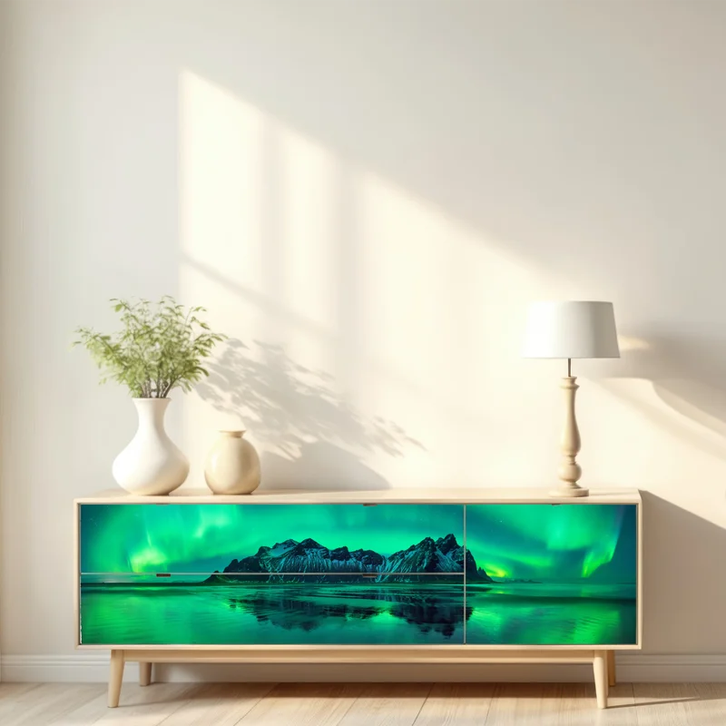 Repositionierbarer Aufkleber nordlicht über Vestrahorn, Stokksnes