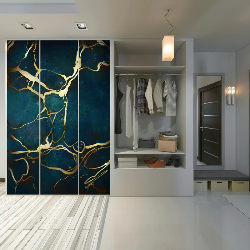 Schrankaufkleber türkis und gold abstrakt mit goldenen adern