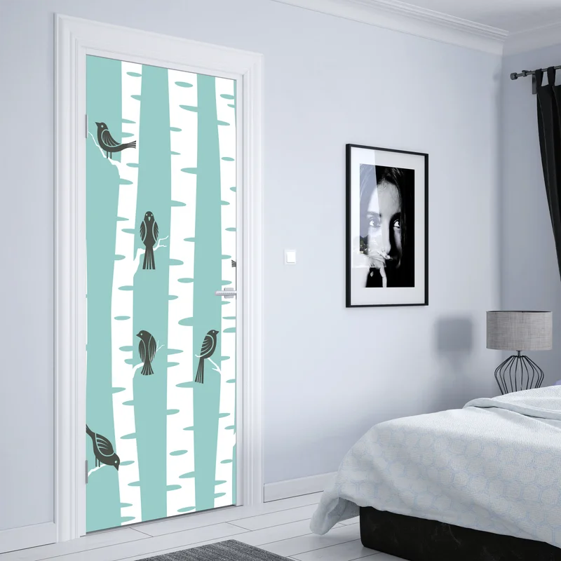 Türaufkleber türkis birkenwald mit vögeln