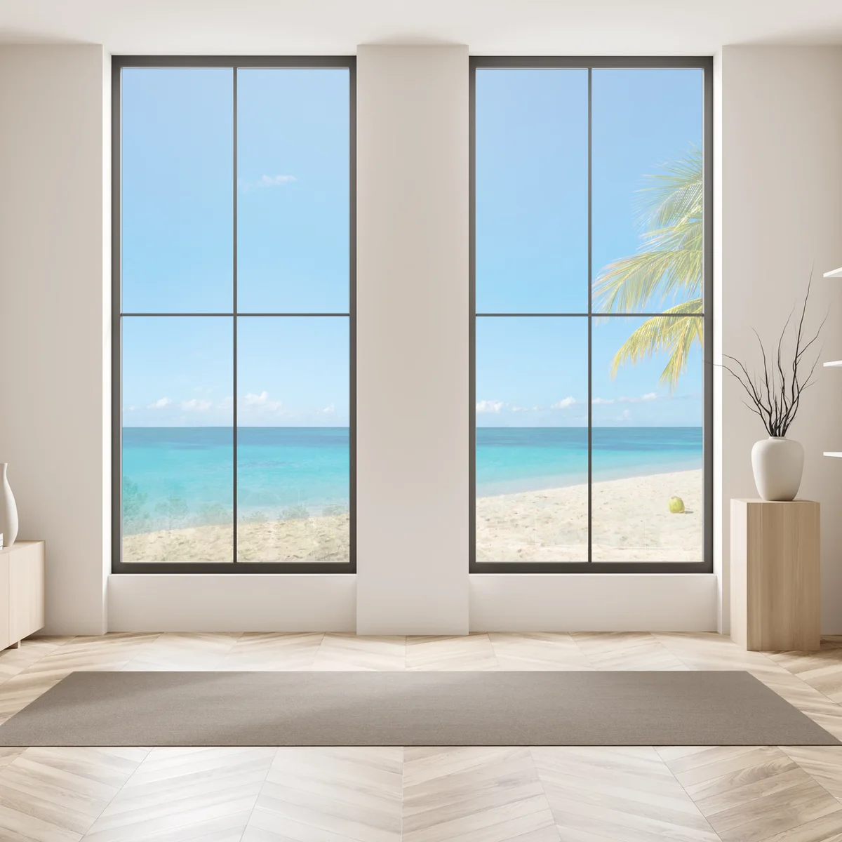 Fensteraufkleber tropischer strand mit türkiswasser und palme Fensteraufkleber tropischer strand mit türkiswasser und palme