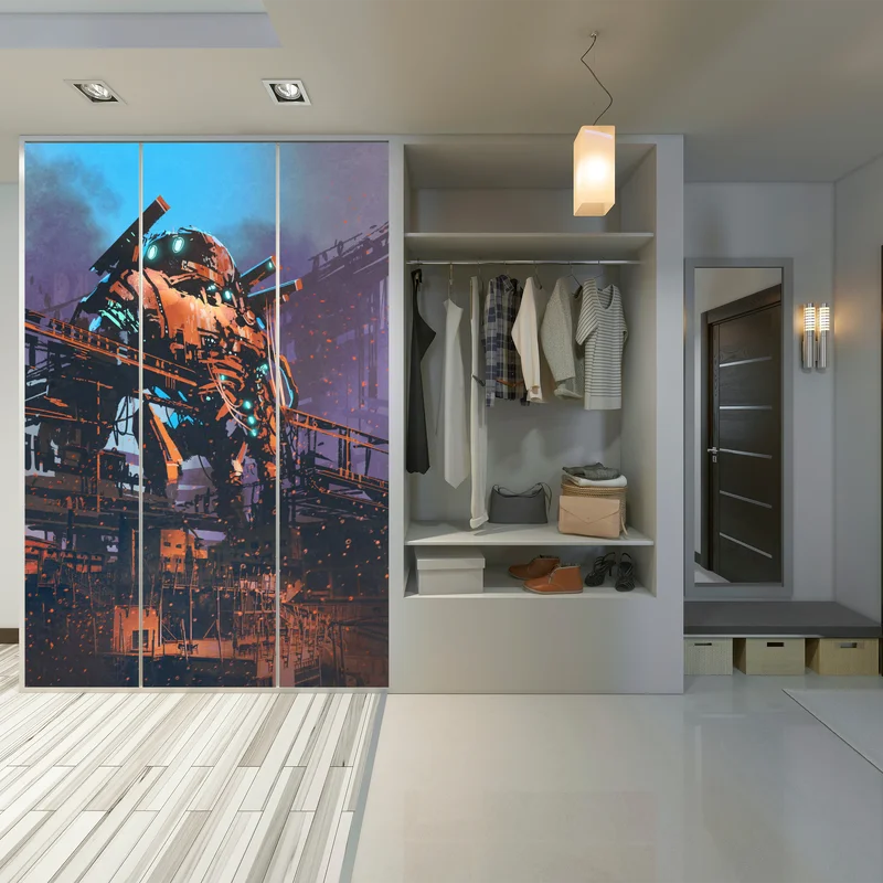 Schrankaufkleber riesiger mech in verlassener fabrik