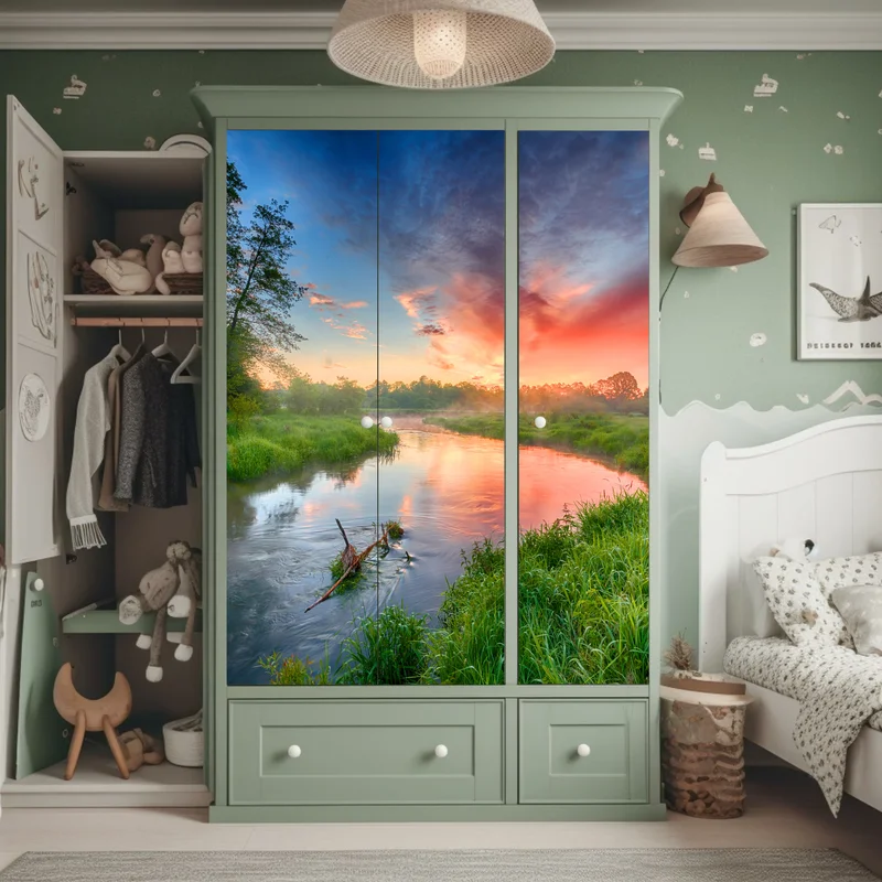 Schrankaufkleber sonnenaufgang über einem nebligen flussufer