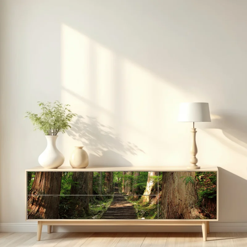 Repositionierbarer Aufkleber steinne treppe im alten wald