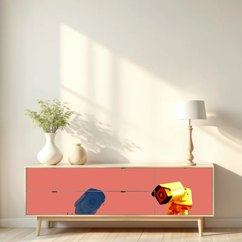 Repositionierbarer Aufkleber duotone überwachungskameras auf korallenfarbenem hintergrund Repositionierbarer Aufkleber duotone überwachungskameras auf korallenfarbenem hintergrund