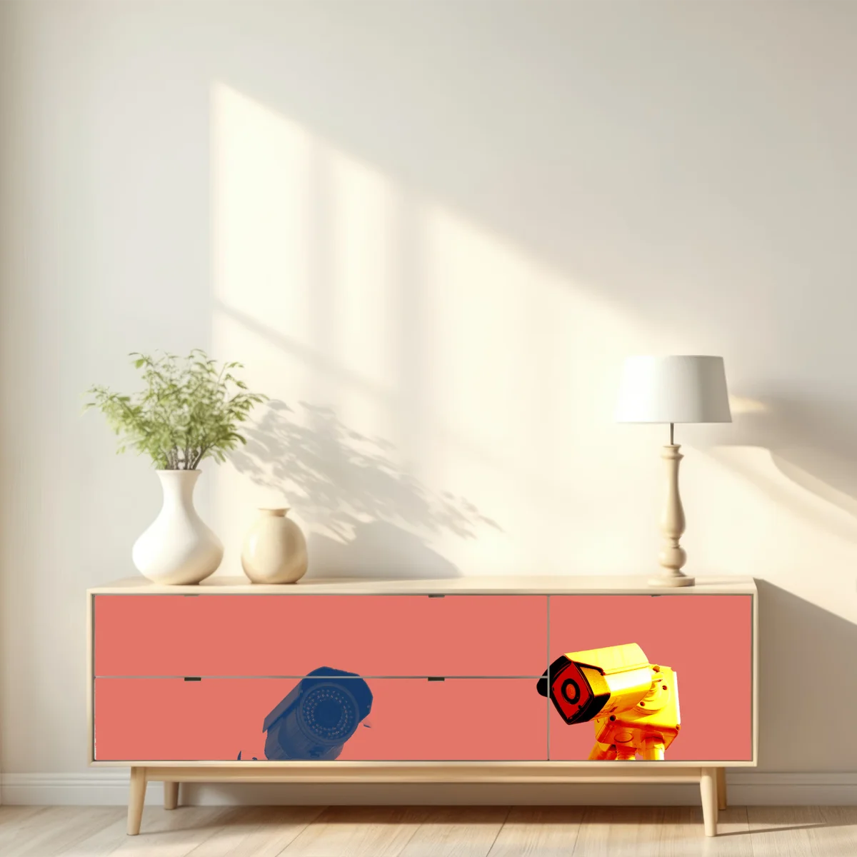 Repositionierbarer Aufkleber duotone überwachungskameras auf korallenfarbenem hintergrund Repositionierbarer Aufkleber duotone überwachungskameras auf korallenfarbenem hintergrund