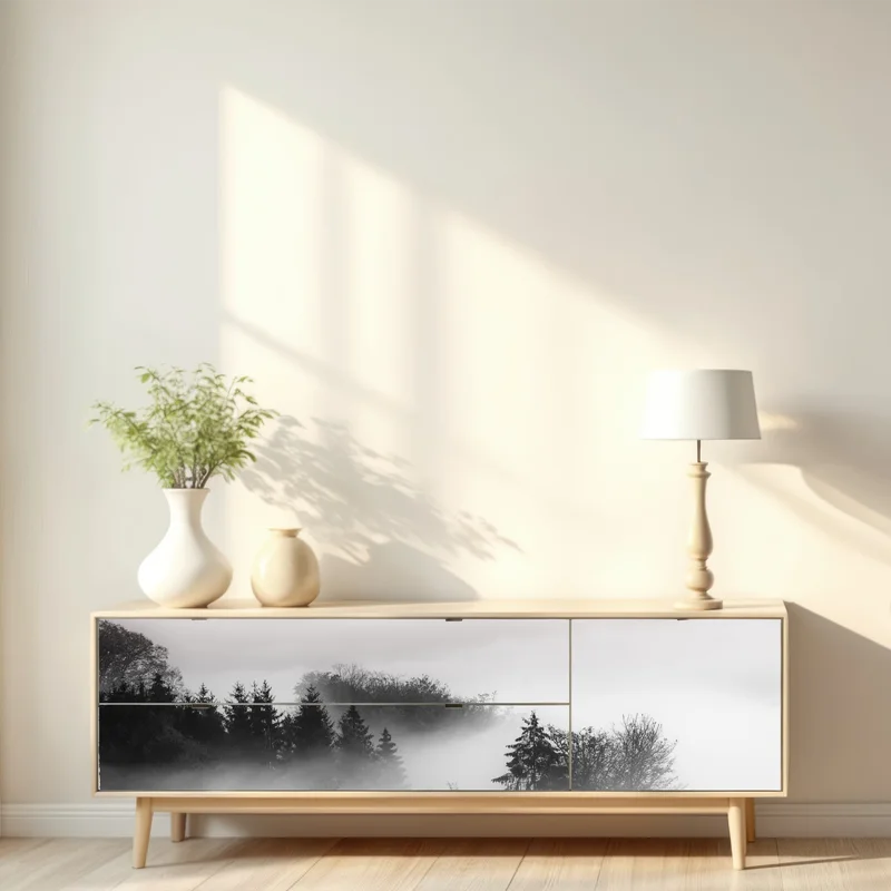 Repositionierbarer Aufkleber nebliger wald in grautönen