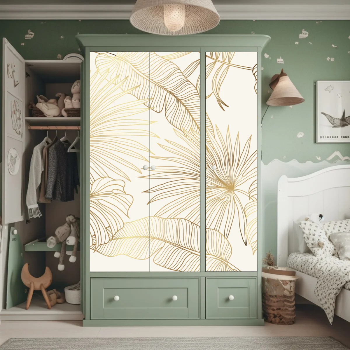 Schrankaufkleber goldene tropische blätter auf beigem hintergrund Schrankaufkleber goldene tropische blätter auf beigem hintergrund