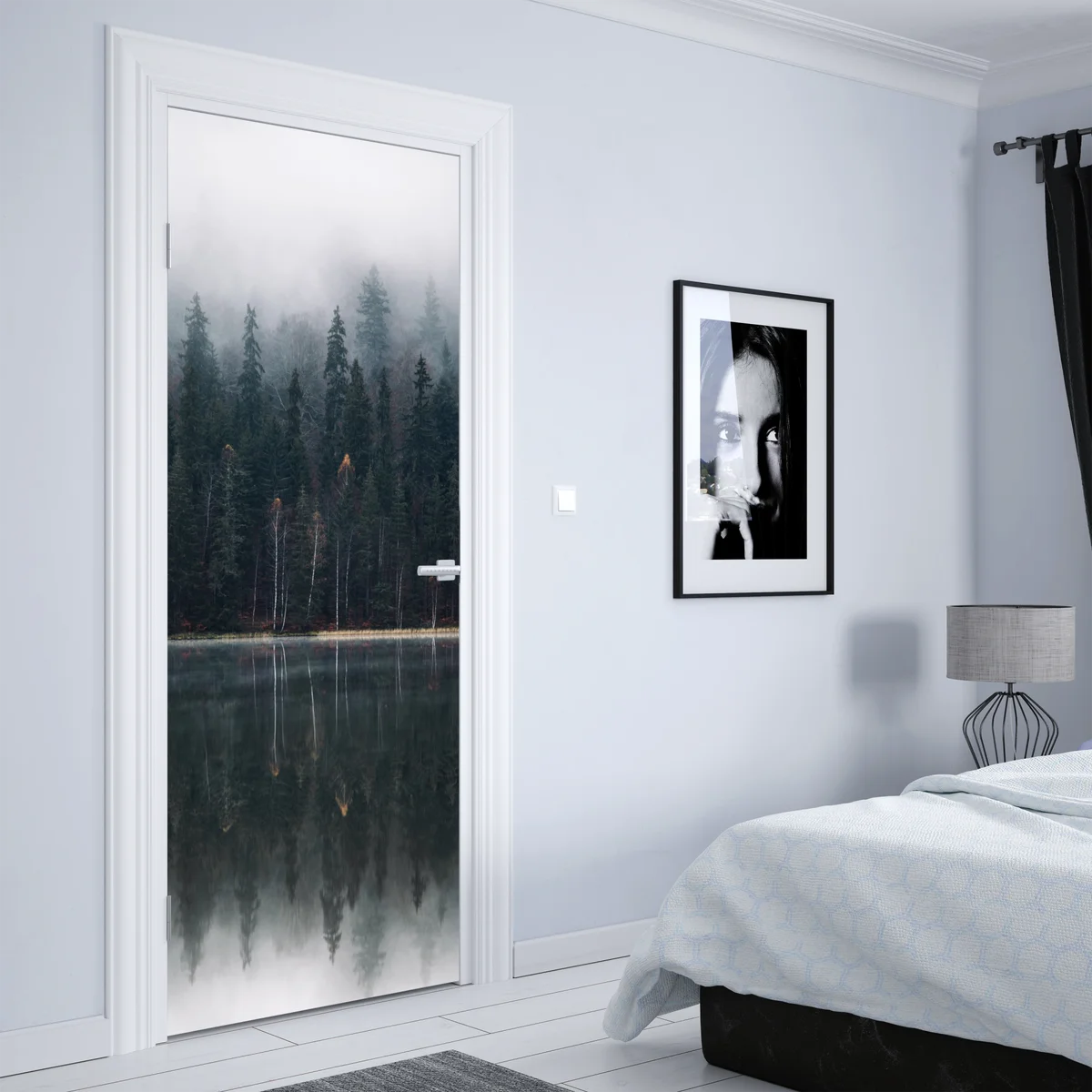 Türaufkleber neblige waldreflexion Türaufkleber neblige waldreflexion