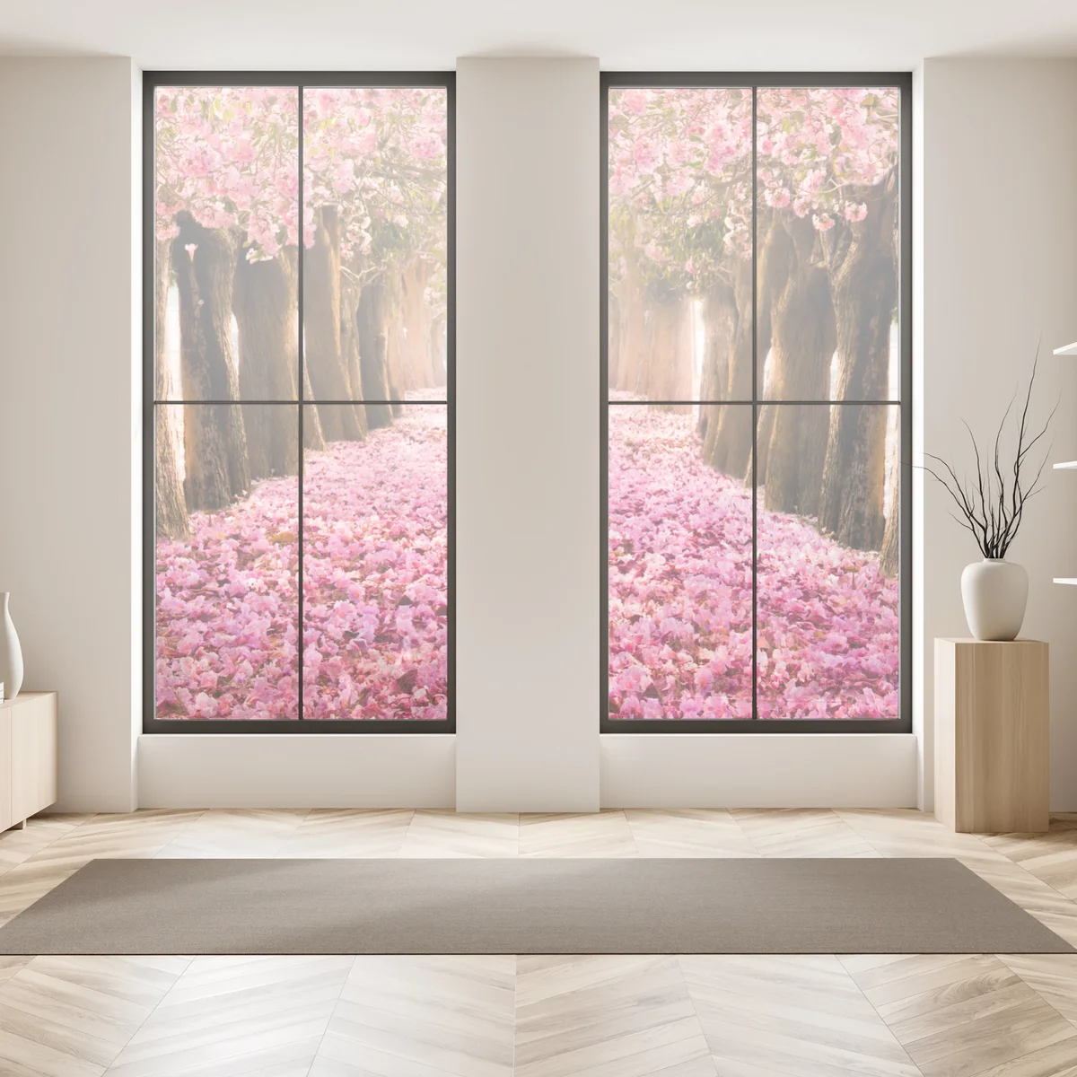 Fensteraufkleber rosa blütenallee unter kirschbäumen Fensteraufkleber rosa blütenallee unter kirschbäumen