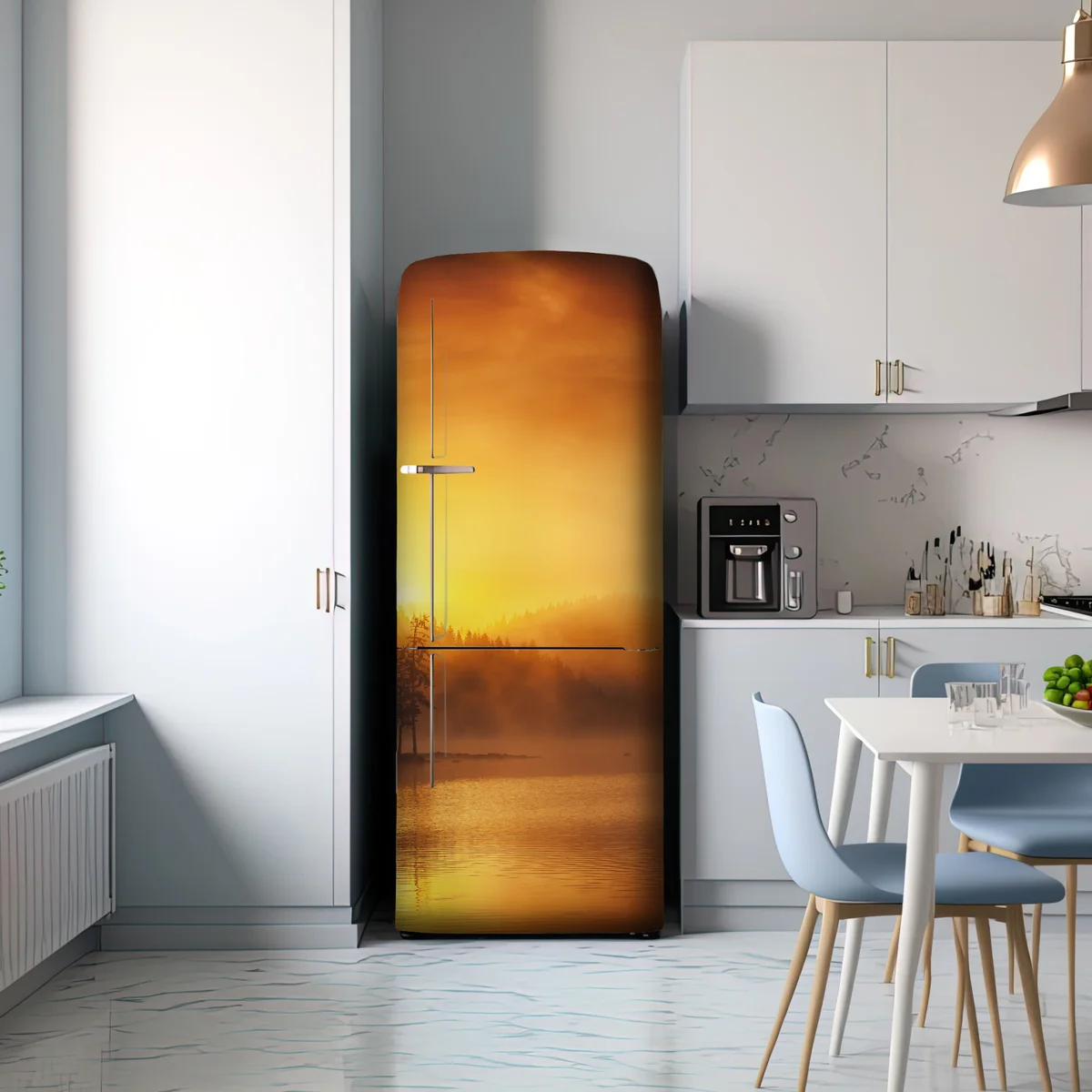 Kühlschrankaufkleber goldener sonnenaufgang über dem nebligen see Kühlschrankaufkleber goldener sonnenaufgang über dem nebligen see