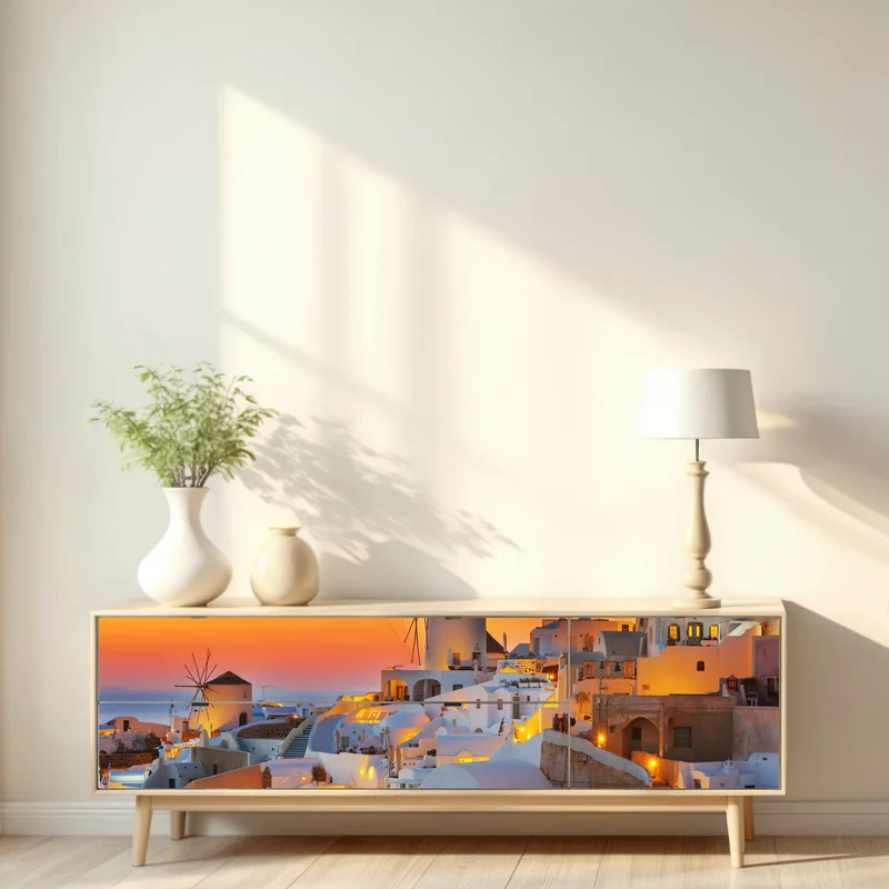 Repositionierbarer Aufkleber goldener sonnenuntergang über Oia, Santorini