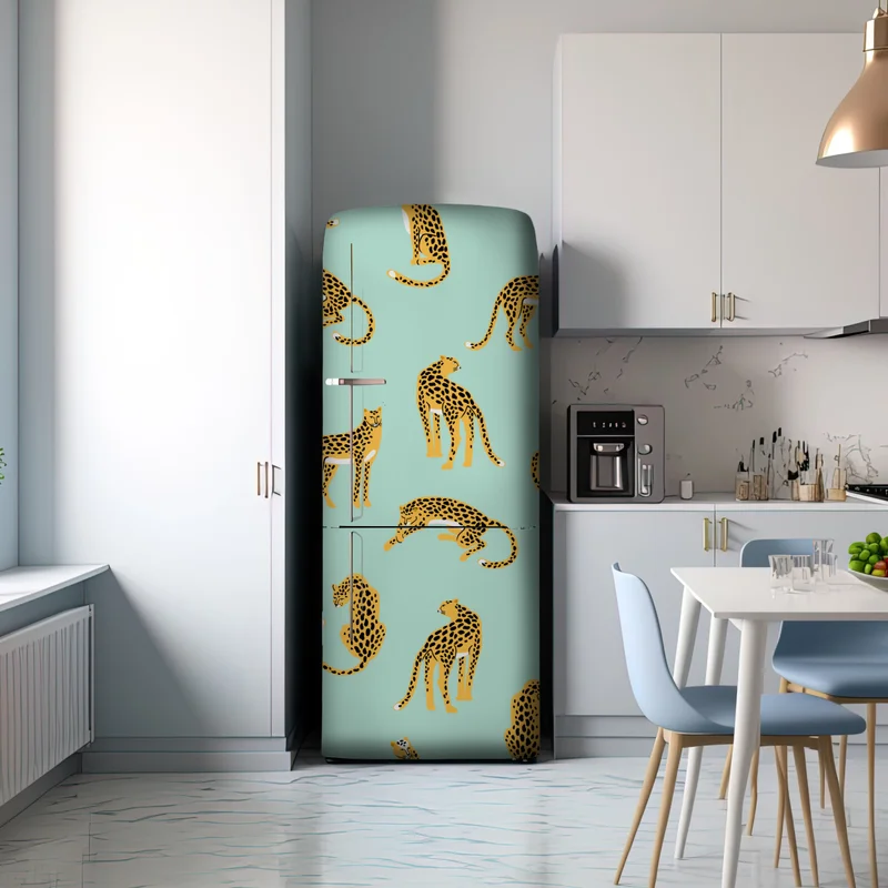 Kühlschrankaufkleber verspieltes gepardenmuster auf türkisgrund