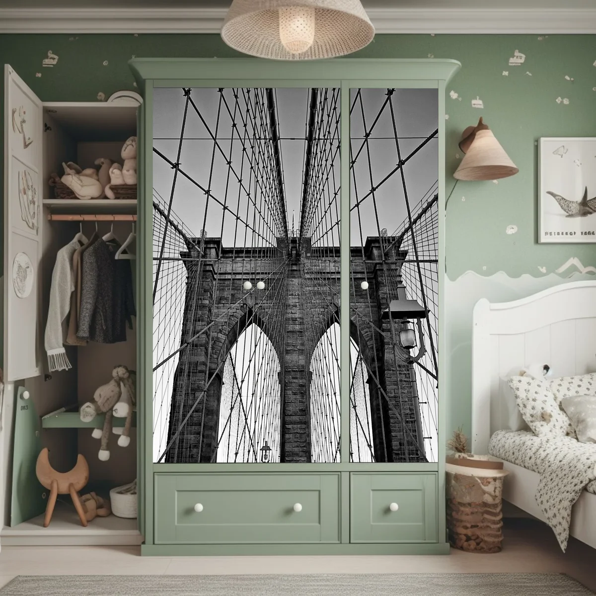 Schrankaufkleber symmetrische hängebrücke in schwarzweiß Schrankaufkleber symmetrische hängebrücke in schwarzweiß