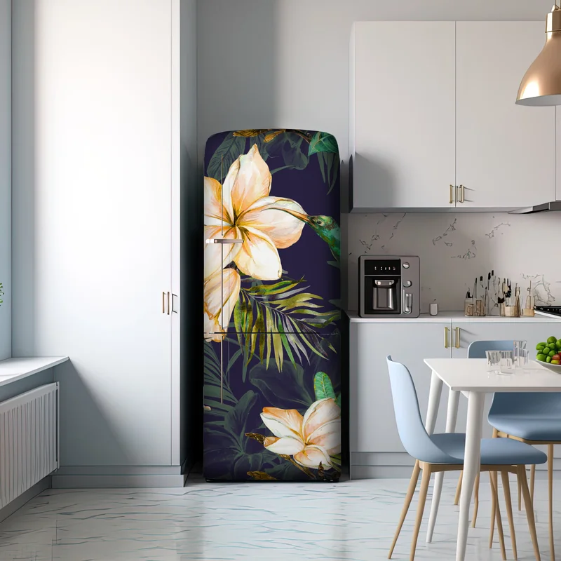 Kühlschrankaufkleber tropische kolibris und plumeria in aquarell Kühlschrankaufkleber tropische kolibris und plumeria in aquarell