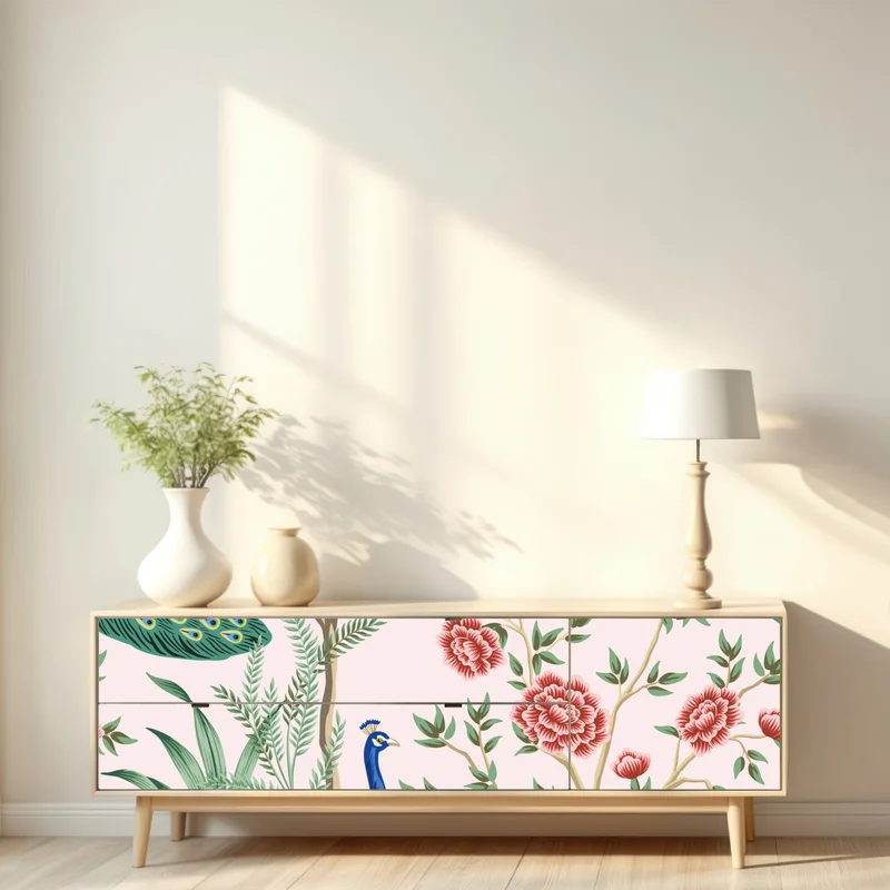 Repositionierbarer Aufkleber elegantes pfau- und blumenmuster auf rosa hintergrund