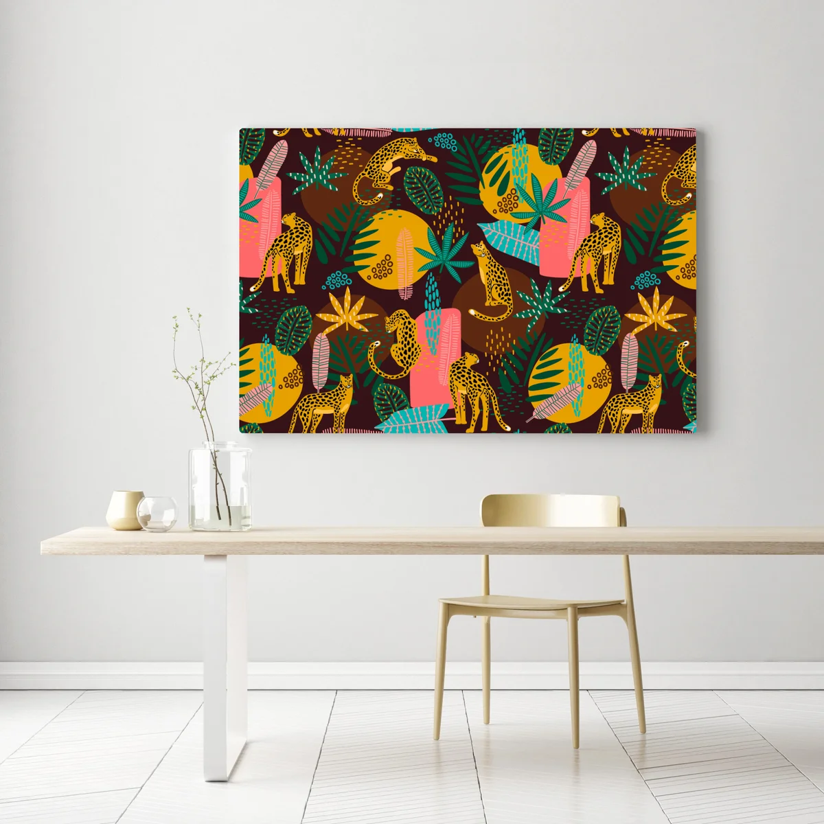 Leinwandbild tropisches gepardenmuster mit lebhaften blättern Leinwandbild tropisches gepardenmuster mit lebhaften blättern