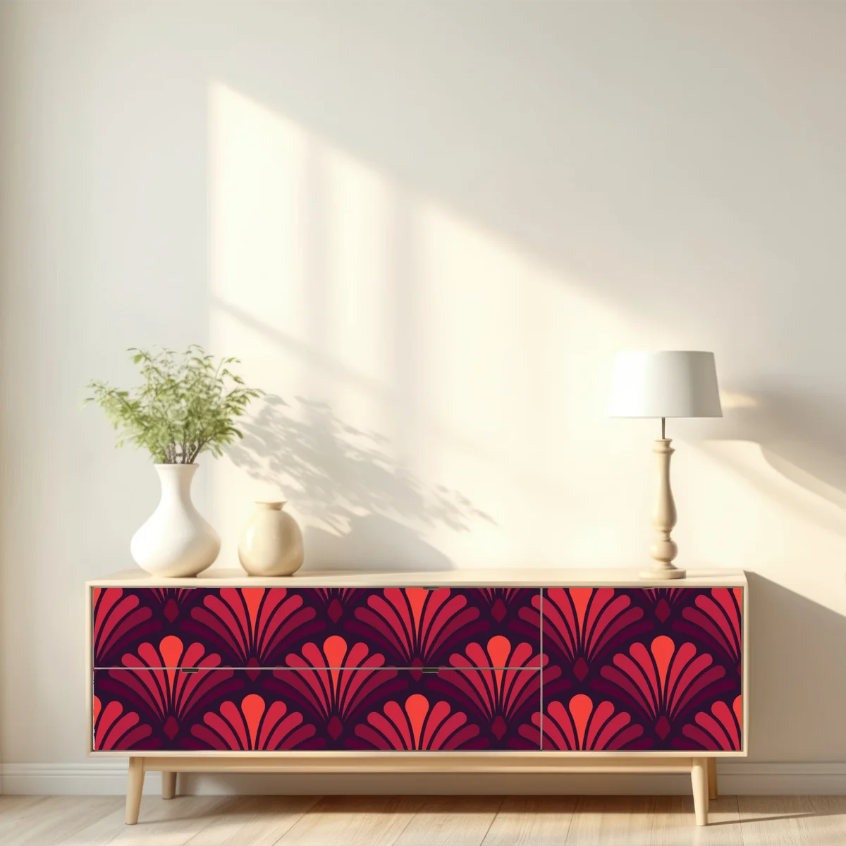 Repositionierbarer Aufkleber geometrisches art-déco fächermuster in warmen rot- und violetttönen Repositionierbarer Aufkleber geometrisches art-déco fächermuster in warmen rot- und violetttönen