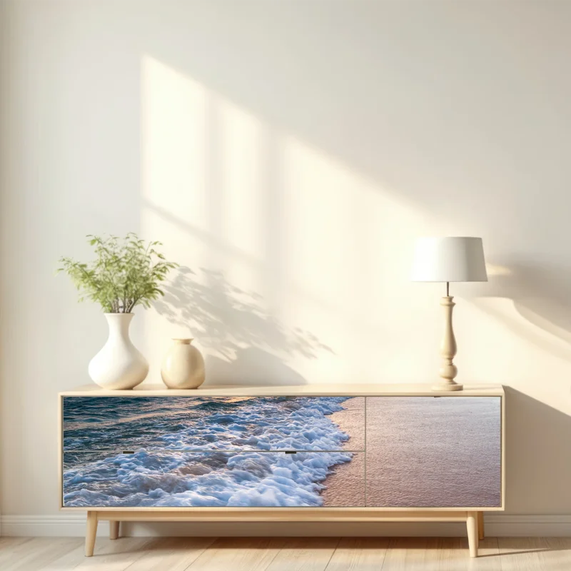 Repositionierbarer Aufkleber ruhiger sonnenaufgang am meeresufer