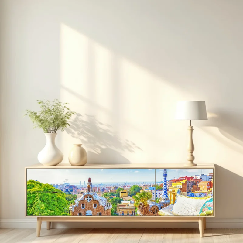 Repositionierbarer Aufkleber lebendiges Barcelona Park Güell mosaik panorama