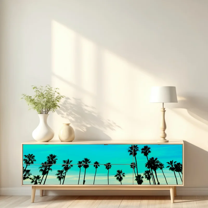Repositionierbarer Aufkleber palmen-silhouette bei sonnenuntergang in Kalifornien Repositionierbarer Aufkleber palmen-silhouette bei sonnenuntergang in Kalifornien