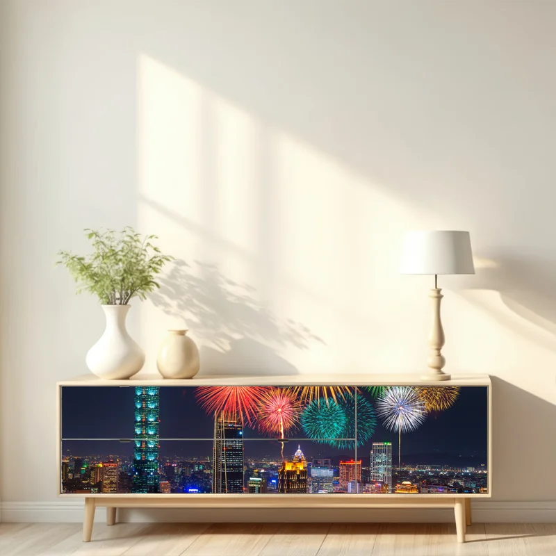 Repositionierbarer Aufkleber Taipeh feuerwerk über der stadtsilhouette
