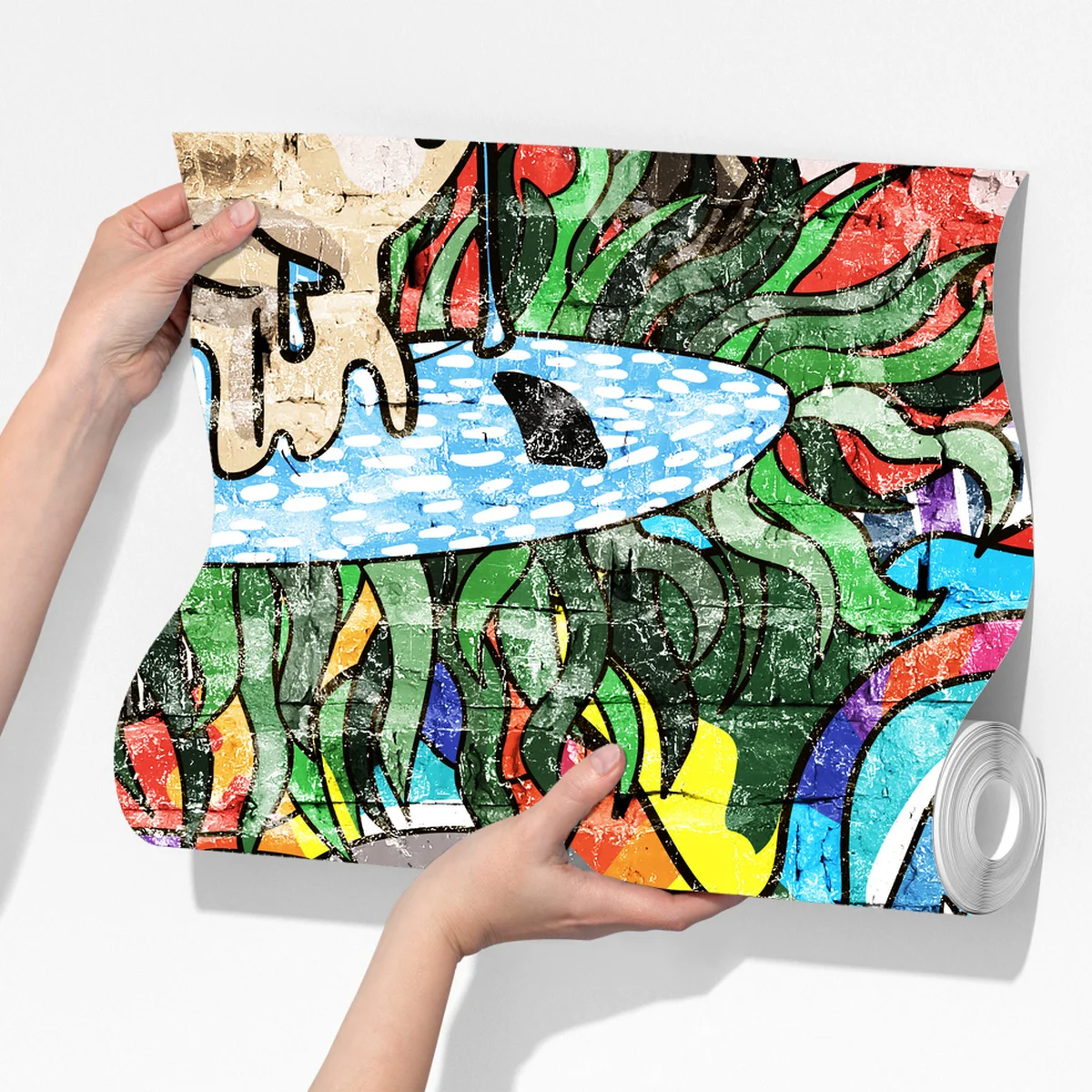 Fototapete buntes graffiti-mural mit träumendem kind Fototapete buntes graffiti-mural mit träumendem kind